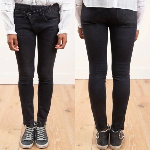 R13 Cross Over Skinny Jeans Black Marble Denim Size 28 Italy Stretch High Rise - Picture 2 of 16